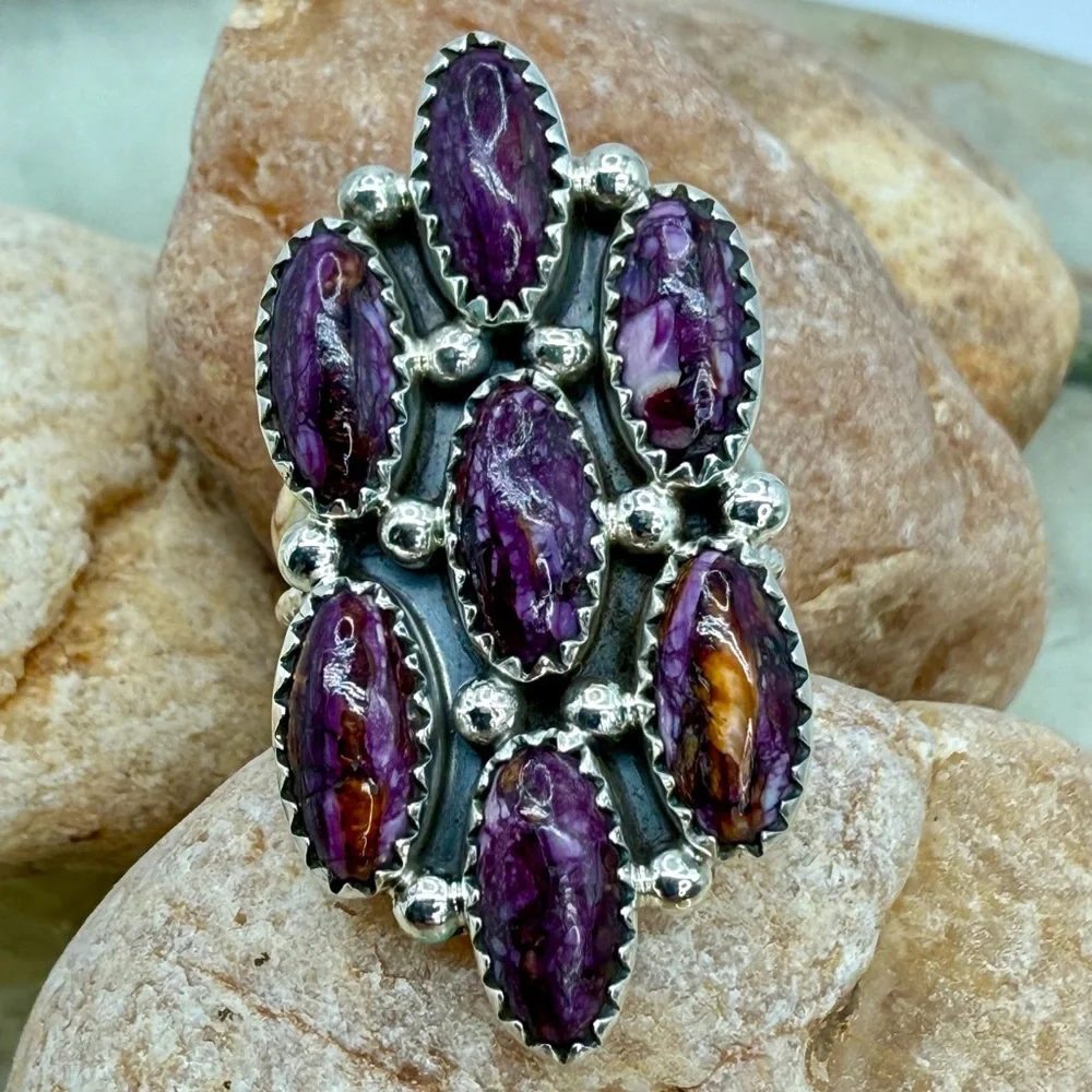 Native American Sterling Silver Purple Spiny Oyster 7-Stone Ring Roberta Begay